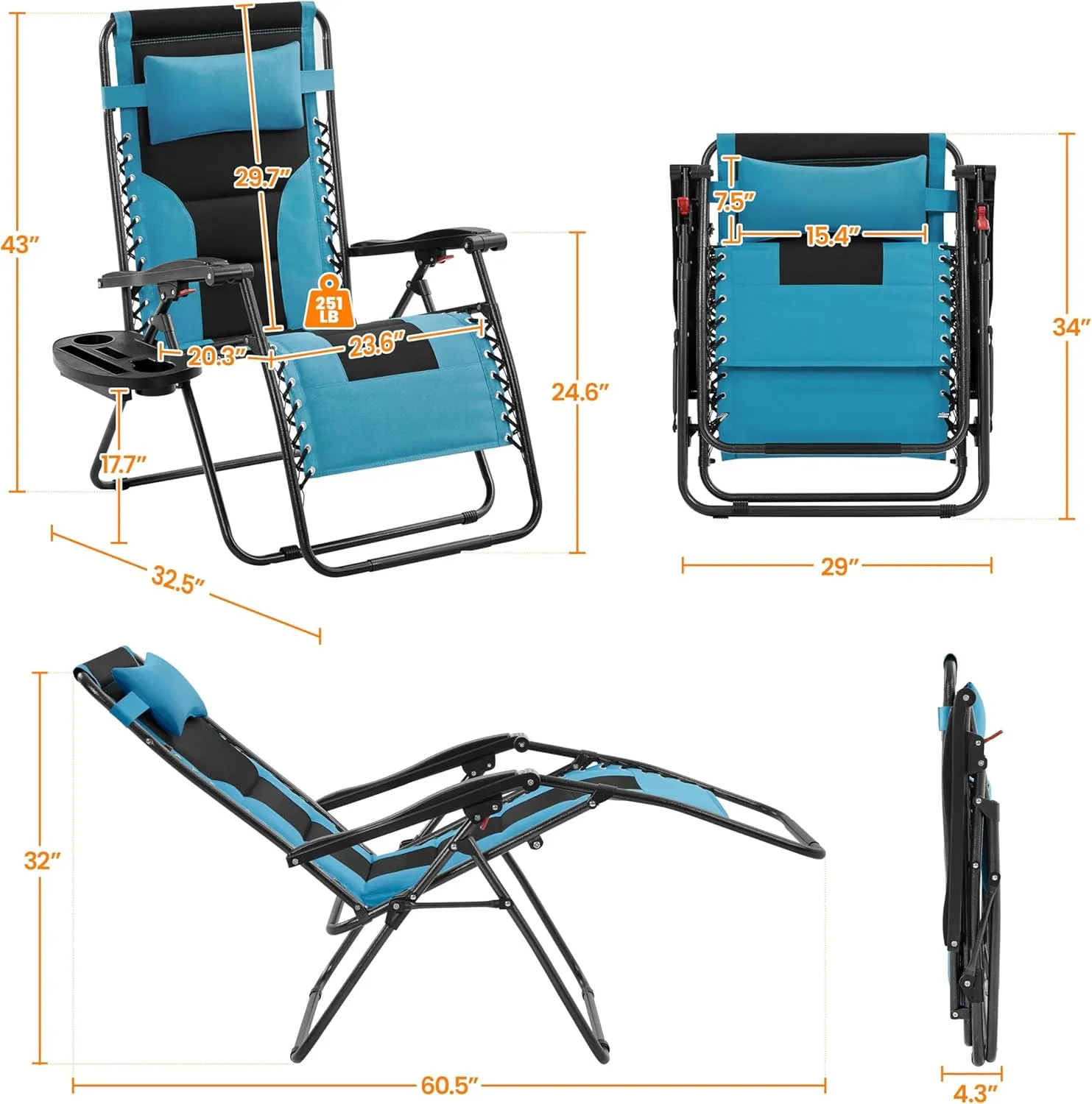 Yaheetech 29in Full Padded Zero Gravity Chair Oversized Outdoor Patio Folding Lounger Adjustable Portable Anti Gravity Recliner w/Carry Strap, Side Cup Tray, Pillow for Beach Yard Lawn Black/Aqua/1
