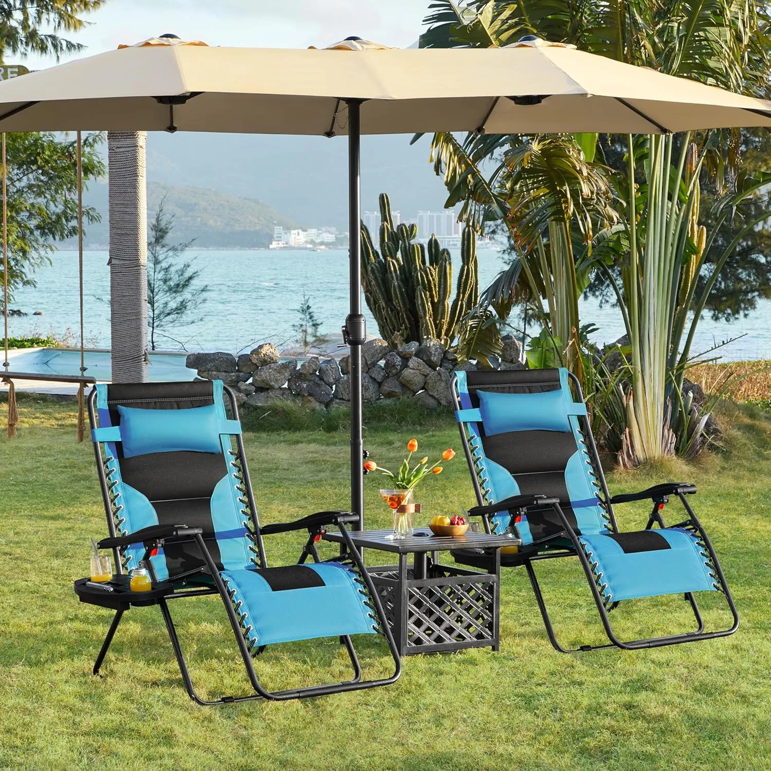 Yaheetech 29in Full Padded Zero Gravity Chair Oversized Outdoor Patio Folding Lounger Adjustable Portable Anti Gravity Recliner w/Carry Strap, Side Cup Tray, Pillow for Beach Yard Lawn Black/Aqua/1