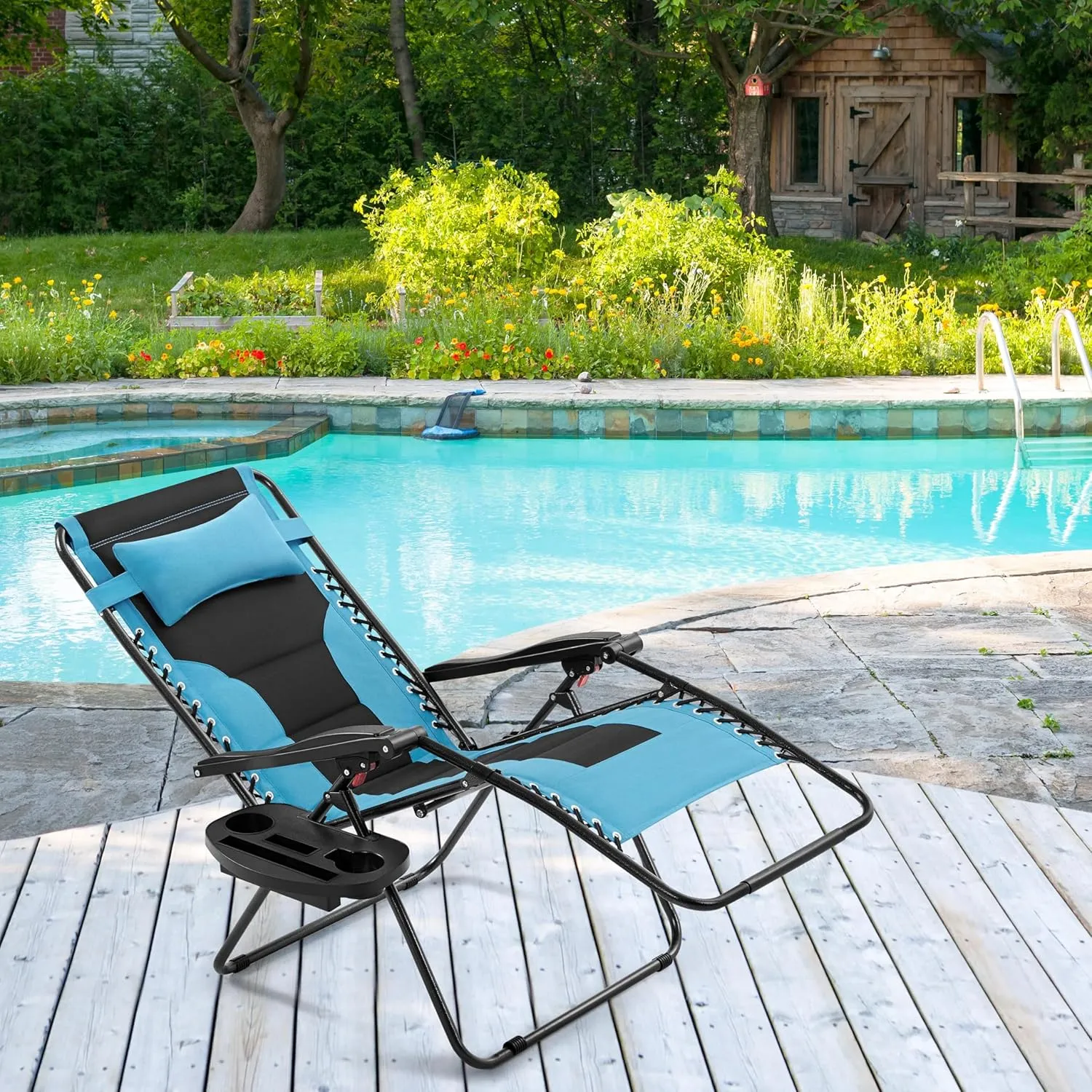 Yaheetech 29in Full Padded Zero Gravity Chair Oversized Outdoor Patio Folding Lounger Adjustable Portable Anti Gravity Recliner w/Carry Strap, Side Cup Tray, Pillow for Beach Yard Lawn Black/Aqua/1