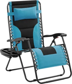 Yaheetech 29in Full Padded Zero Gravity Chair Oversized Outdoor Patio Folding Lounger Adjustable Portable Anti Gravity Recliner w/Carry Strap, Side Cup Tray, Pillow for Beach Yard Lawn Black/Aqua/1