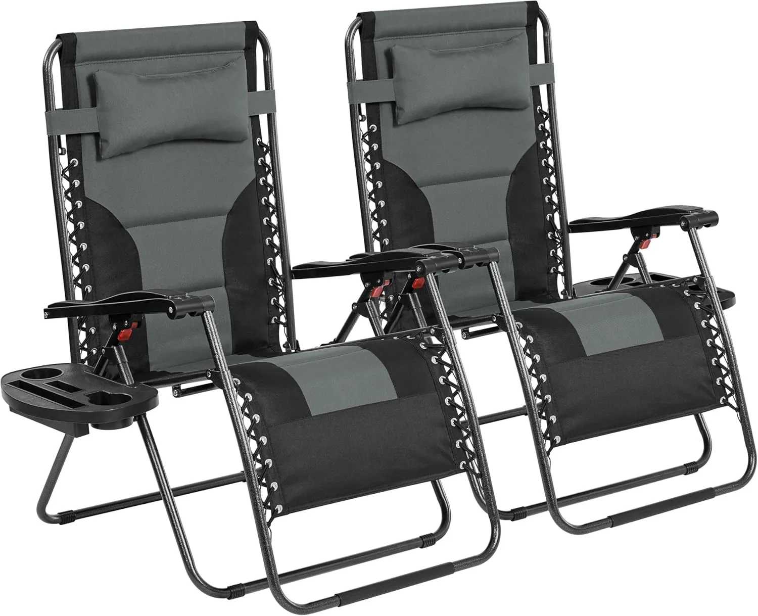 Yaheetech 29in Full Padded Zero Gravity Chair Oversized Outdoor Patio Folding Lounger Adjustable Portable Anti Gravity Recliner w/Carry Strap, Side Cup Tray, Pillow for Beach Yard Lawn Gray/Black/2