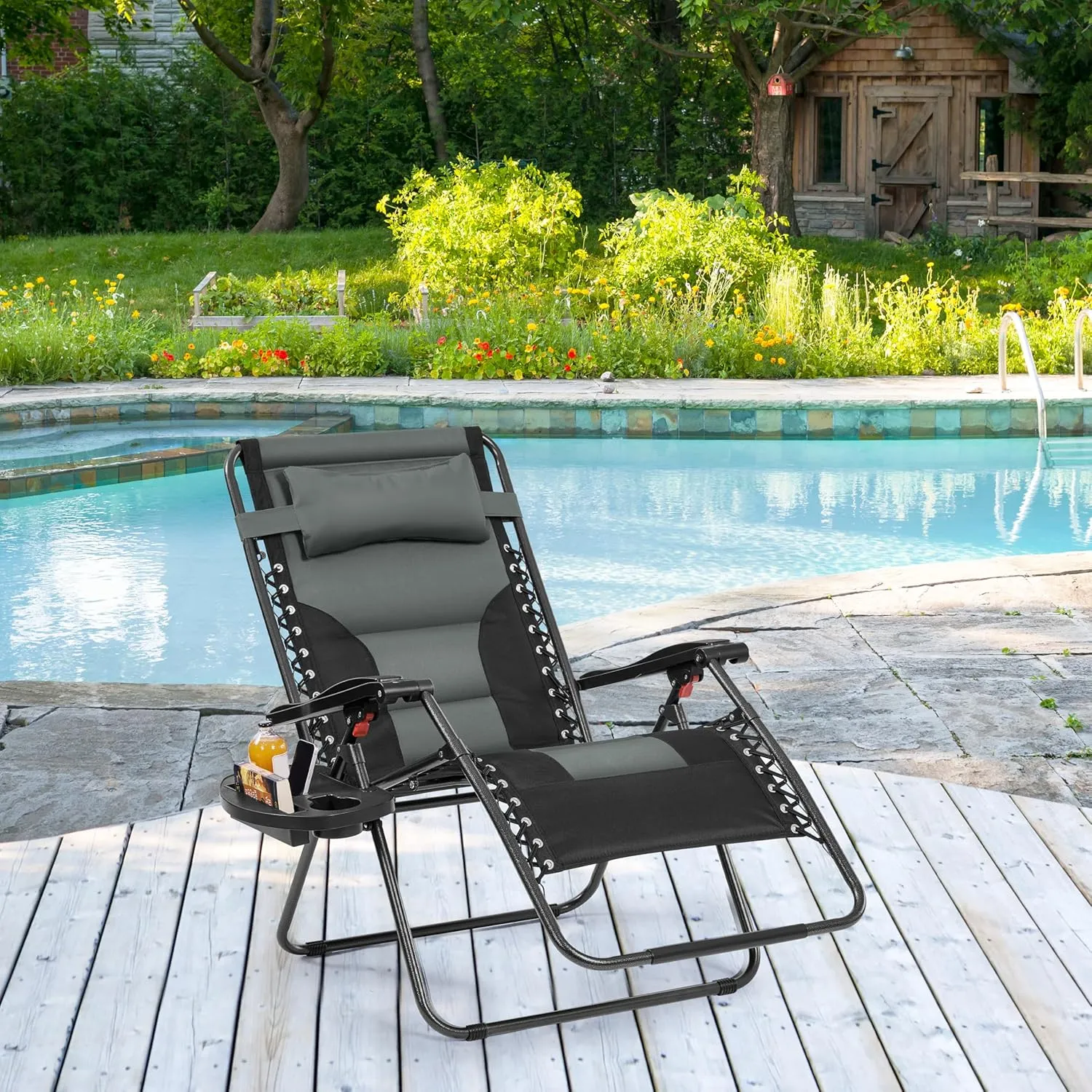 Yaheetech 29in Full Padded Zero Gravity Chair Oversized Outdoor Patio Folding Lounger Adjustable Portable Anti Gravity Recliner w/Carry Strap, Side Cup Tray, Pillow for Beach Yard Lawn Gray/Black/2
