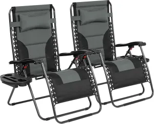 Yaheetech 29in Full Padded Zero Gravity Chair Oversized Outdoor Patio Folding Lounger Adjustable Portable Anti Gravity Recliner w/Carry Strap, Side Cup Tray, Pillow for Beach Yard Lawn Gray/Black/2