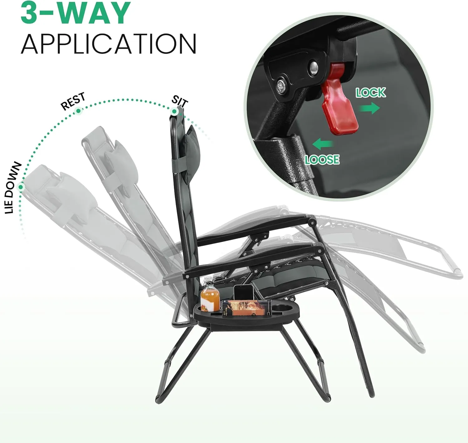 Yaheetech 29in Full Padded Zero Gravity Chair Oversized Outdoor Patio Folding Lounger Adjustable Portable Anti Gravity Recliner w/Carry Strap, Side Cup Tray, Pillow for Beach Yard Lawn Gray/Black/2