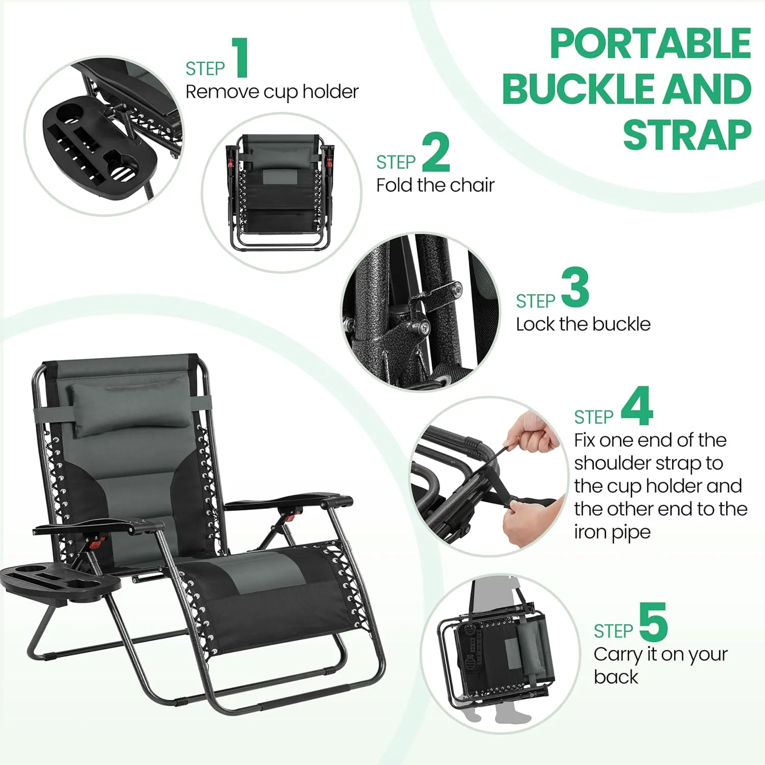 Yaheetech 29in Full Padded Zero Gravity Chair Oversized Outdoor Patio Folding Lounger Adjustable Portable Anti Gravity Recliner w/Carry Strap, Side Cup Tray, Pillow for Beach Yard Lawn Gray/Black/2