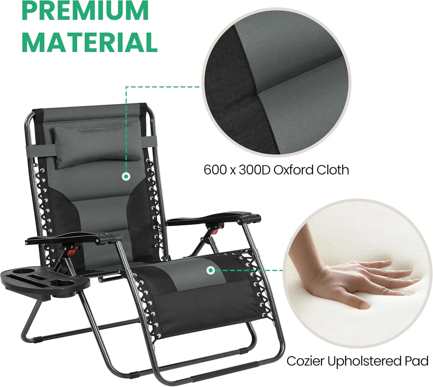 Yaheetech 29in Full Padded Zero Gravity Chair Oversized Outdoor Patio Folding Lounger Adjustable Portable Anti Gravity Recliner w/Carry Strap, Side Cup Tray, Pillow for Beach Yard Lawn Gray/Black/2