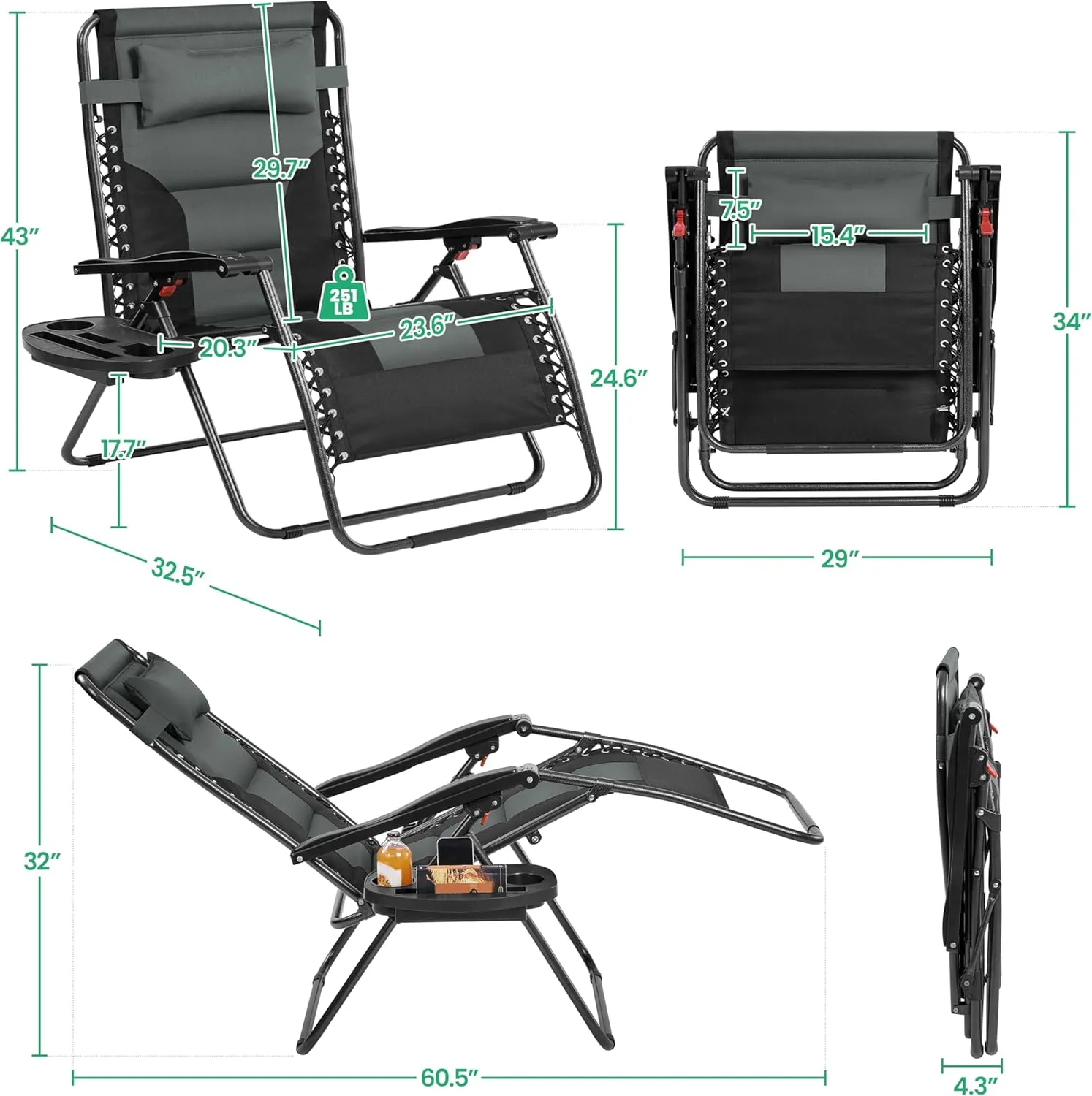 Yaheetech 29in Full Padded Zero Gravity Chair Oversized Outdoor Patio Folding Lounger Adjustable Portable Anti Gravity Recliner w/Carry Strap, Side Cup Tray, Pillow for Beach Yard Lawn Gray/Black/2