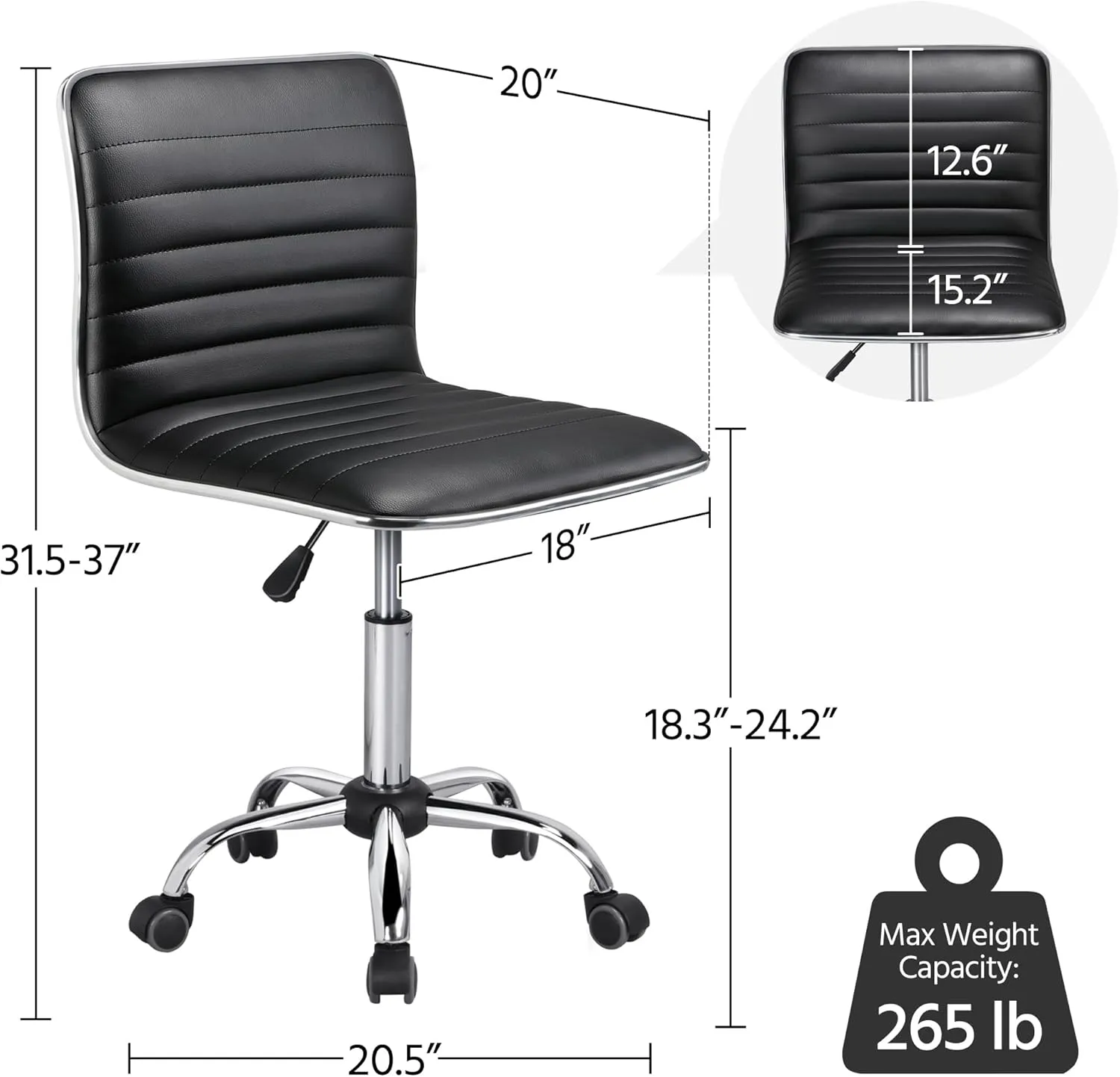 Yaheetech Adjustable Task Chair PU Leather Low Back Ribbed Armless Swivel Black Desk Chair Office Chair Wheels