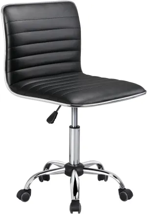 Yaheetech Adjustable Task Chair PU Leather Low Back Ribbed Armless Swivel Black Desk Chair Office Chair Wheels