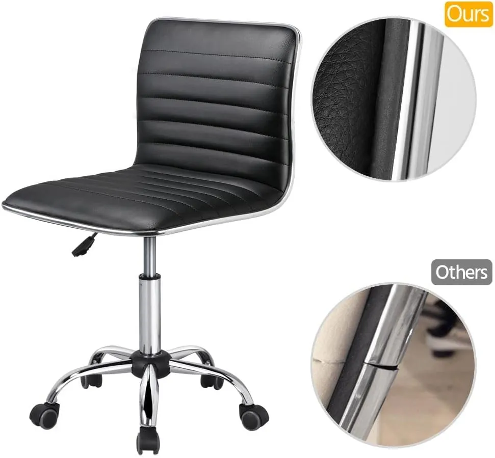 Yaheetech Adjustable Task Chair PU Leather Low Back Ribbed Armless Swivel Black Desk Chair Office Chair Wheels