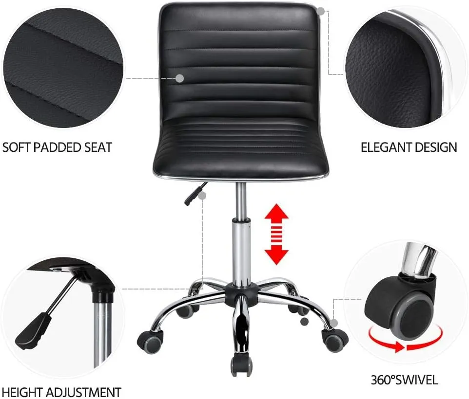 Yaheetech Adjustable Task Chair PU Leather Low Back Ribbed Armless Swivel Black Desk Chair Office Chair Wheels