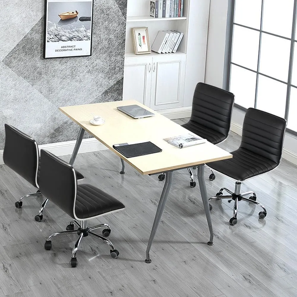 Yaheetech Adjustable Task Chair PU Leather Low Back Ribbed Armless Swivel Black Desk Chair Office Chair Wheels