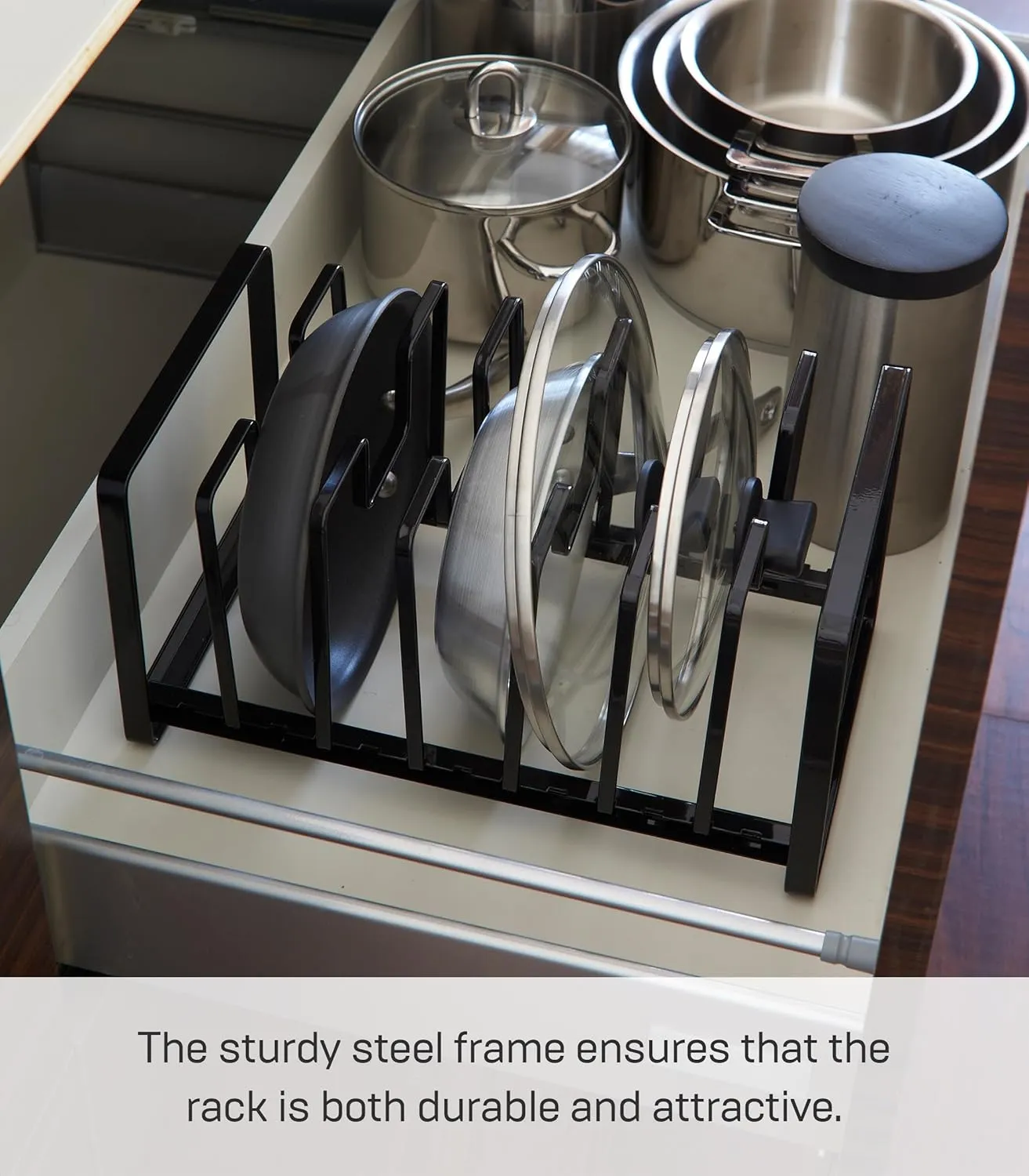 Yamazaki Home Tower Under Sink Pot Lids And Frying Pan Storage Kitchen Drawer Organizer Rack - Steel