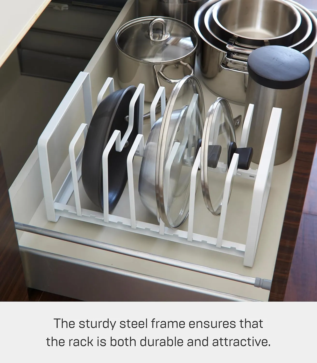 Yamazaki Home Tower Under Sink Pot Lids And Frying Pan Storage Kitchen Drawer Organizer Rack - Steel