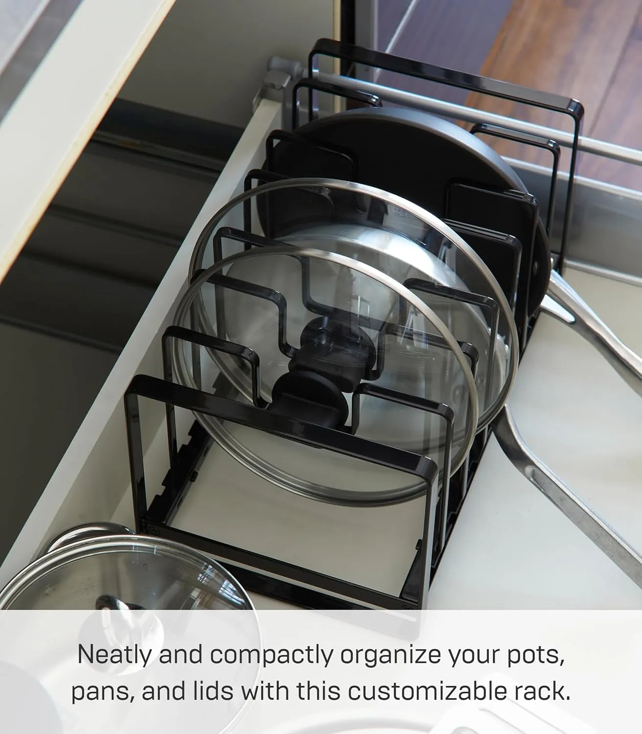 Yamazaki Home Tower Under Sink Pot Lids And Frying Pan Storage Kitchen Drawer Organizer Rack - Steel