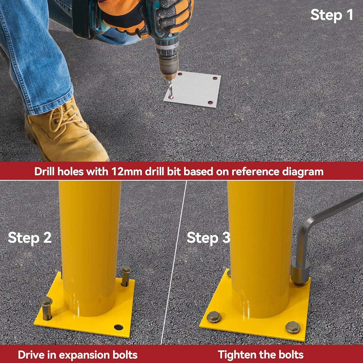 YITAMOTOR Safety Bollard Post, 42" x 4.5" Steel Bollards, Parking Bollard for Warehouse, Yellow, 2PACK