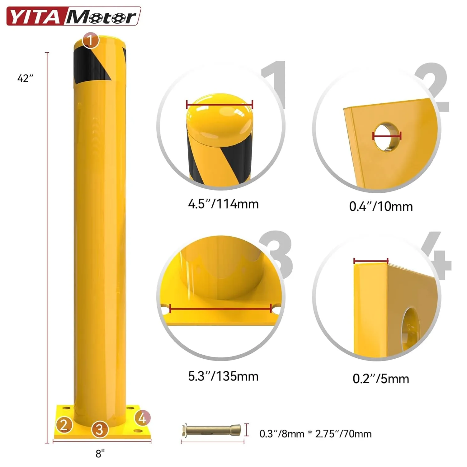 YITAMOTOR Safety Bollard Post, 42" x 4.5" Steel Bollards, Parking Bollard for Warehouse, Yellow, 2PACK