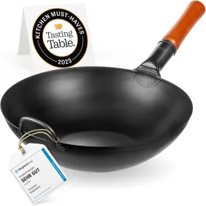 YOSUKATA Carbon Steel Wok Pan – 13,5 “ Stir Fry Pans with Flat Bottom - Pow Wok - Traditional Japanese Chinese Cookware for Induction Electric Gas Stovetops - Open Fire, BBQ, Grill, Outdoor Camping