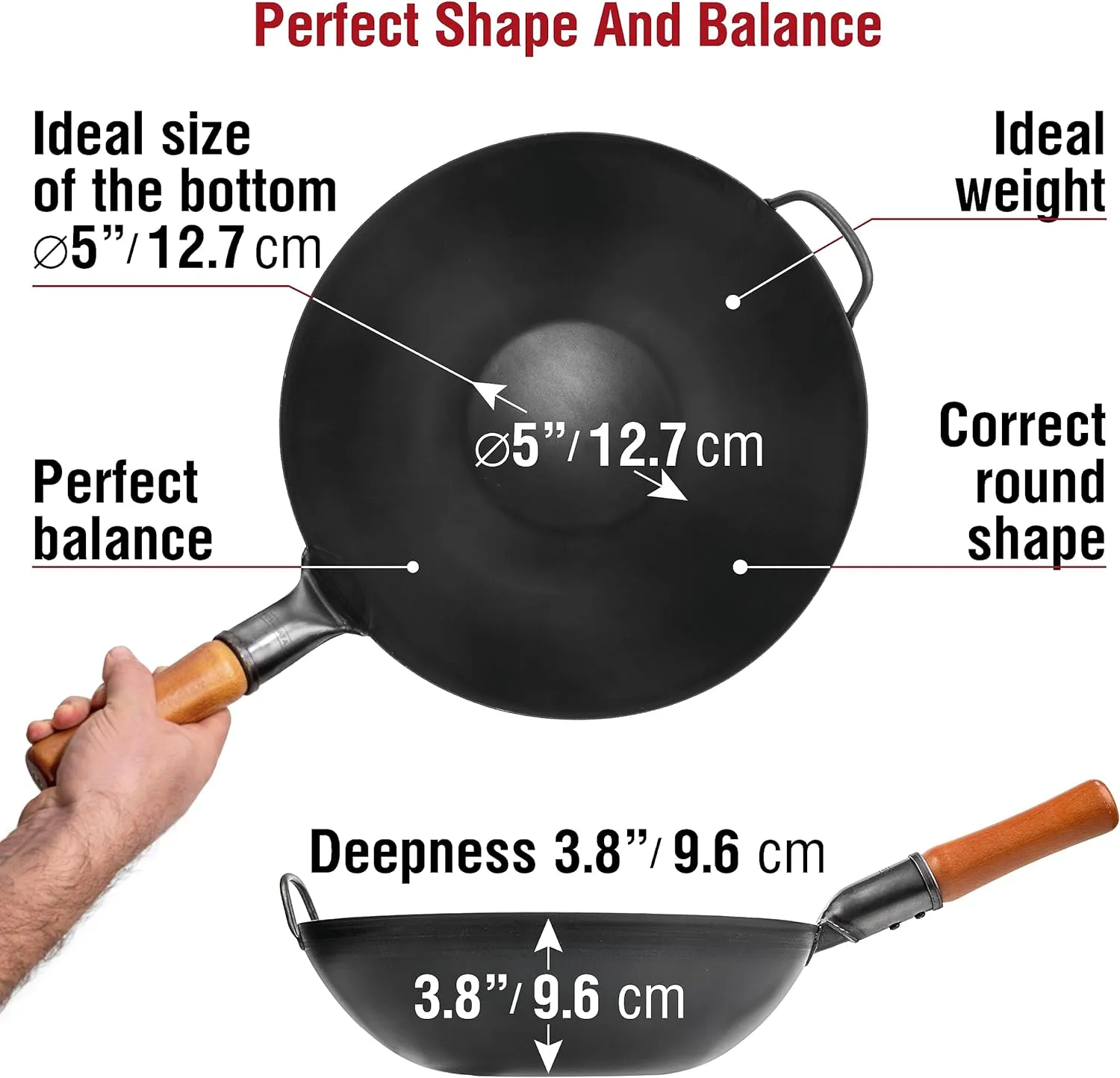 YOSUKATA Carbon Steel Wok Pan – 13,5 “ Stir Fry Pans with Flat Bottom - Pow Wok - Traditional Japanese Chinese Cookware for Induction Electric Gas Stovetops - Open Fire, BBQ, Grill, Outdoor Camping