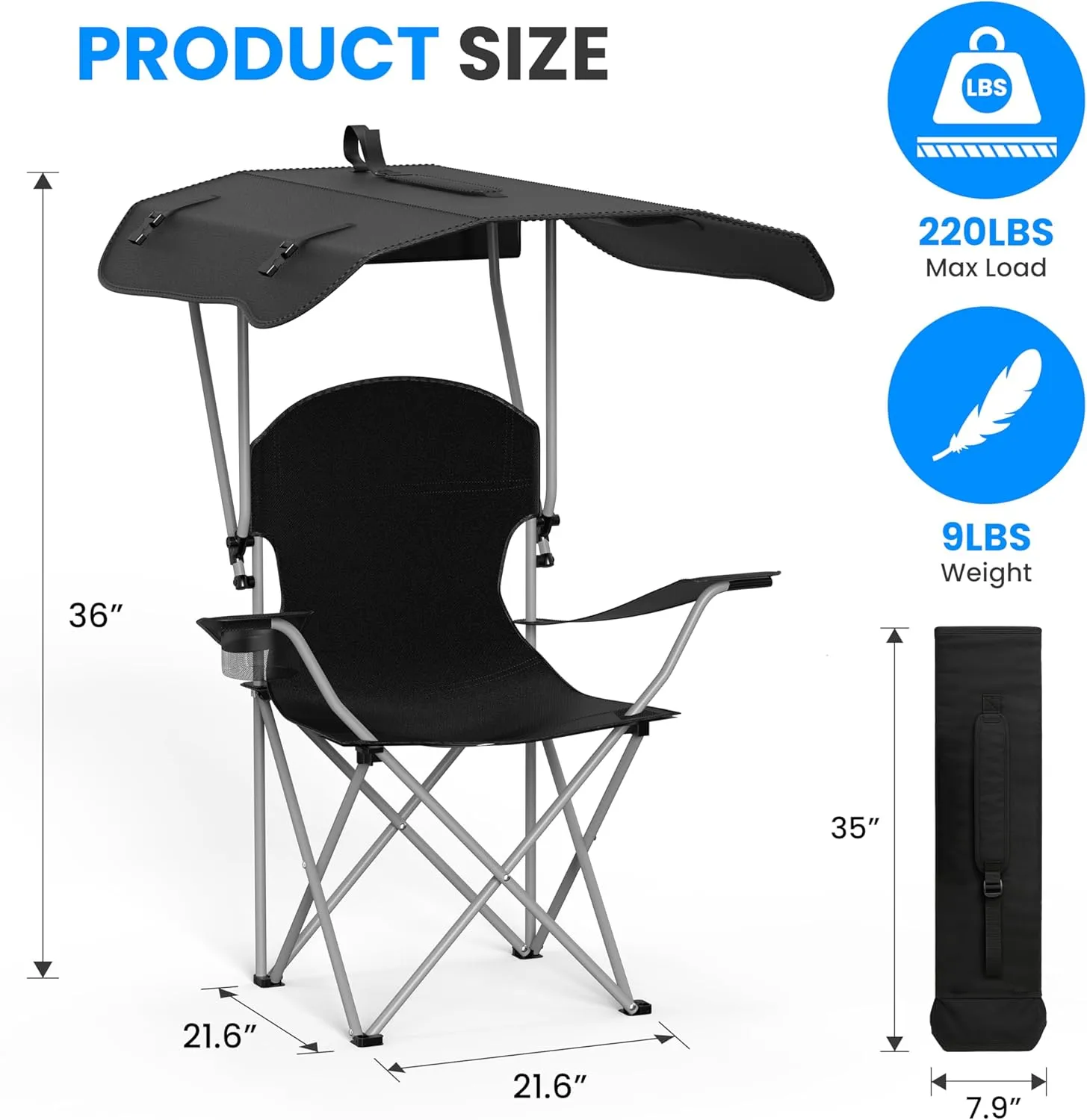 YSSOA Canopy Lounge Chair with Sunshade for Camping, Hiking, Travel, and Other Outdoor Events, with Cup Holder, 21.6" x 21.6" x 36", Black, 1-Pack