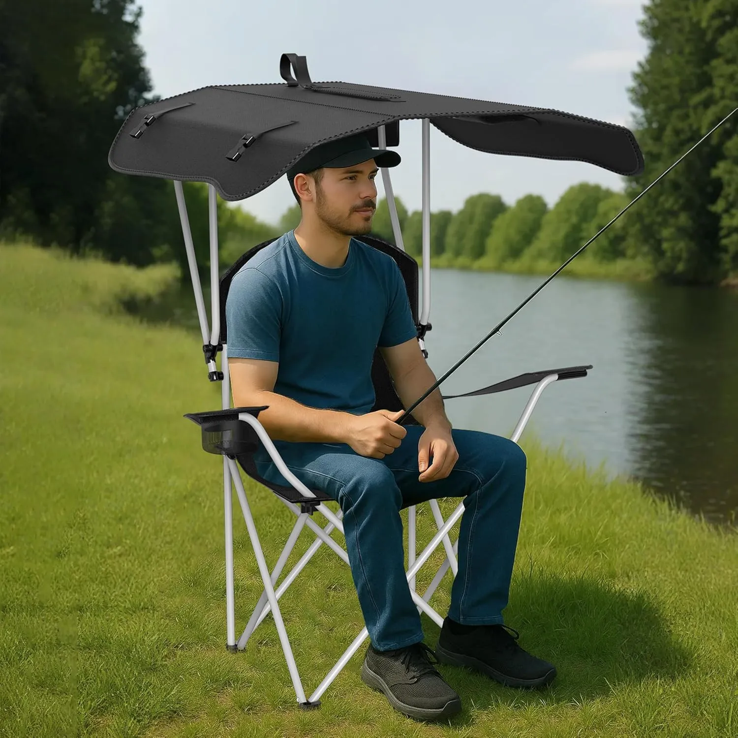 YSSOA Canopy Lounge Chair with Sunshade for Camping, Hiking, Travel, and Other Outdoor Events, with Cup Holder, 21.6" x 21.6" x 36", Black, 1-Pack