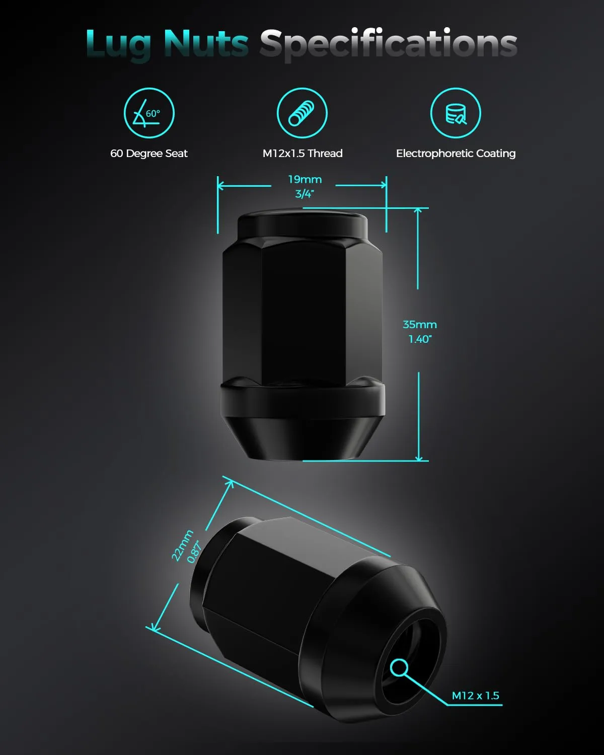 ZOFFI M12x1.5 Lug Nuts - Replacement for Ford Fusion, Focus, Escape Aftermarket Wheel - 20pcs Black Closed End Conical Seat 19mm Hex Lug Nuts