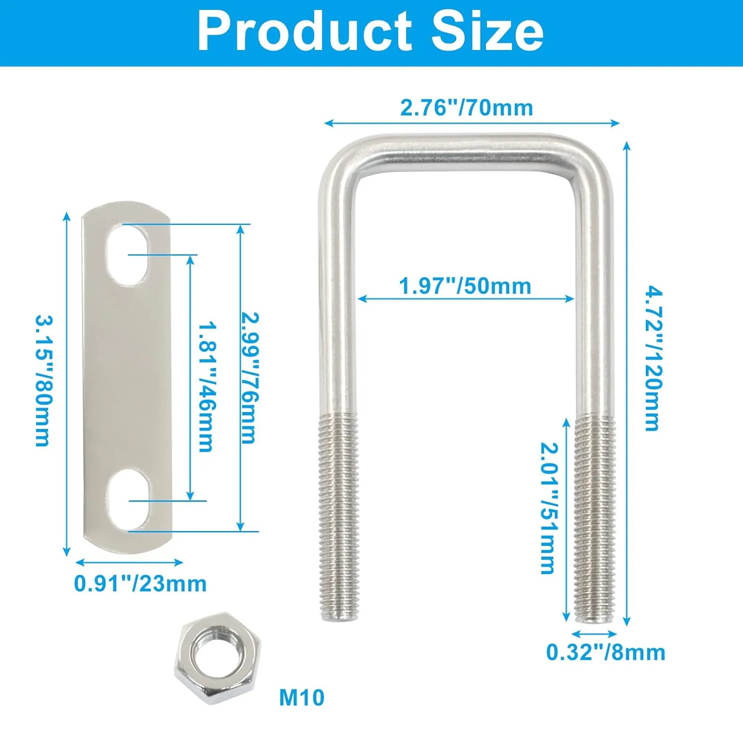 Zorfeter 4PCS Durable U-Bolts, Stainless Steel U-Bolts Frame Plates Nuts, 2" Inner Width 4.72" Length for Automobiles Trailer/Ski Boat/Sailboat Trailer(M10 x 50 MMX 120mm)