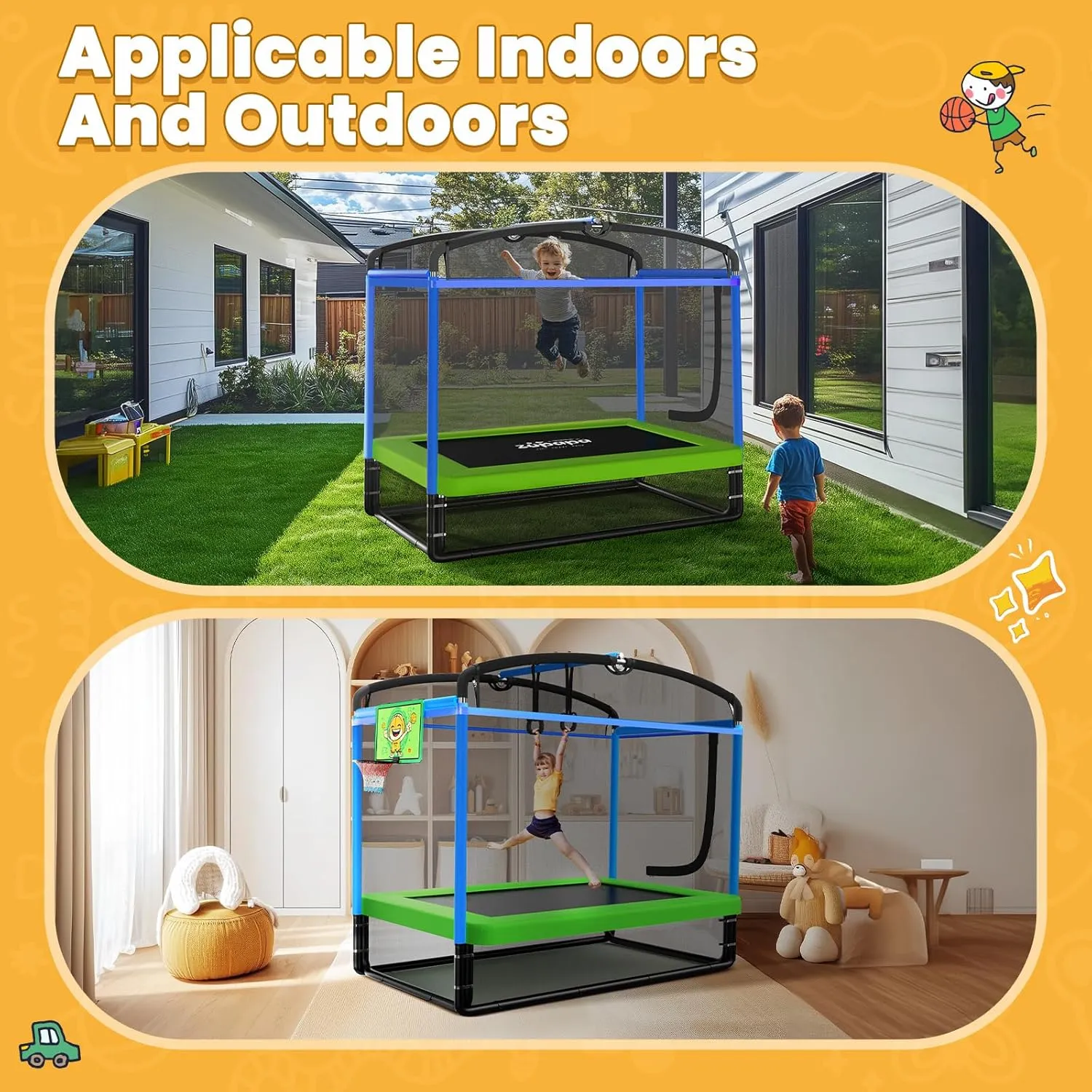 Zupapa 5 in 1 Rectangle Kids Trampoline 6FT with Hammock Chair, Basketball Hoop, and Safety Net - Indoor/Outdoor Heavy-Duty Square Trampoline for Toddlers Ages 3-6, 220LBS Capacity