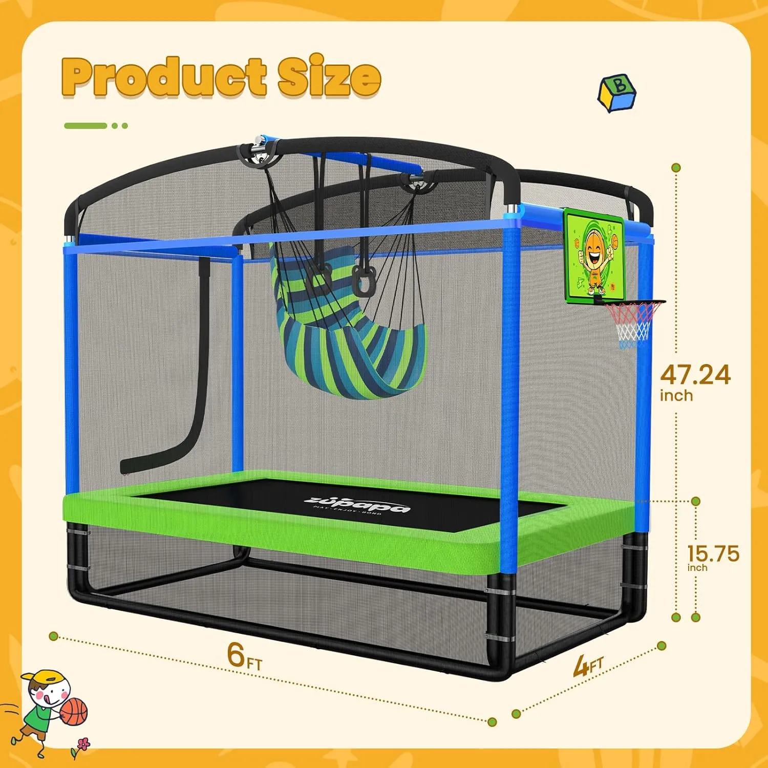 Zupapa 5 in 1 Rectangle Kids Trampoline 6FT with Hammock Chair, Basketball Hoop, and Safety Net - Indoor/Outdoor Heavy-Duty Square Trampoline for Toddlers Ages 3-6, 220LBS Capacity