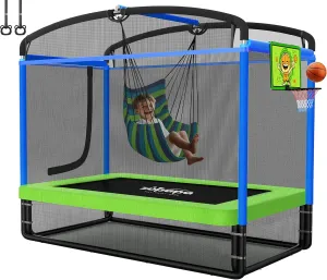 Zupapa 5 in 1 Rectangle Kids Trampoline 6FT with Hammock Chair, Basketball Hoop, and Safety Net - Indoor/Outdoor Heavy-Duty Square Trampoline for Toddlers Ages 3-6, 220LBS Capacity