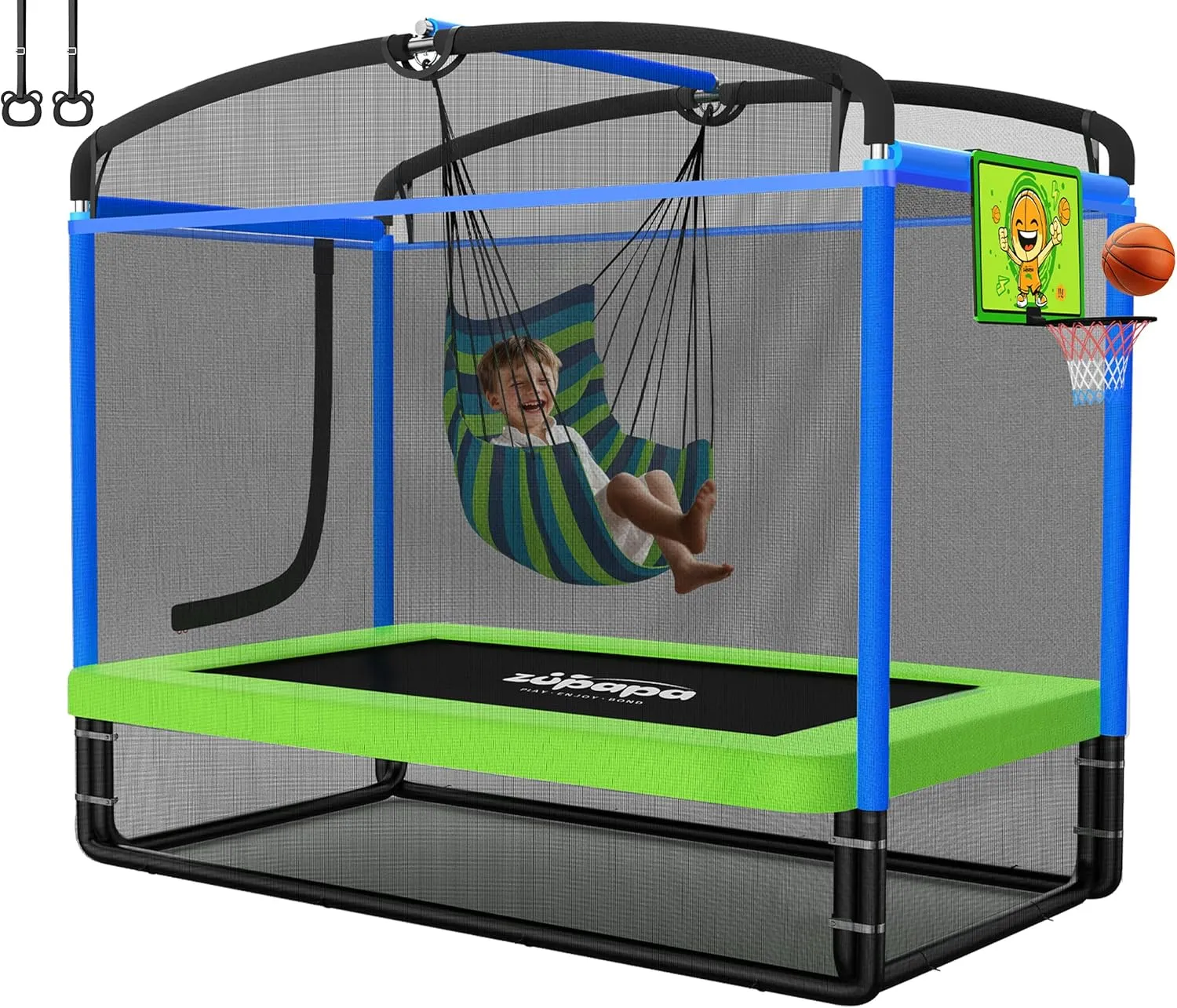 Zupapa 5 in 1 Rectangle Kids Trampoline 6FT with Hammock Chair, Basketball Hoop, and Safety Net - Indoor/Outdoor Heavy-Duty Square Trampoline for Toddlers Ages 3-6, 220LBS Capacity