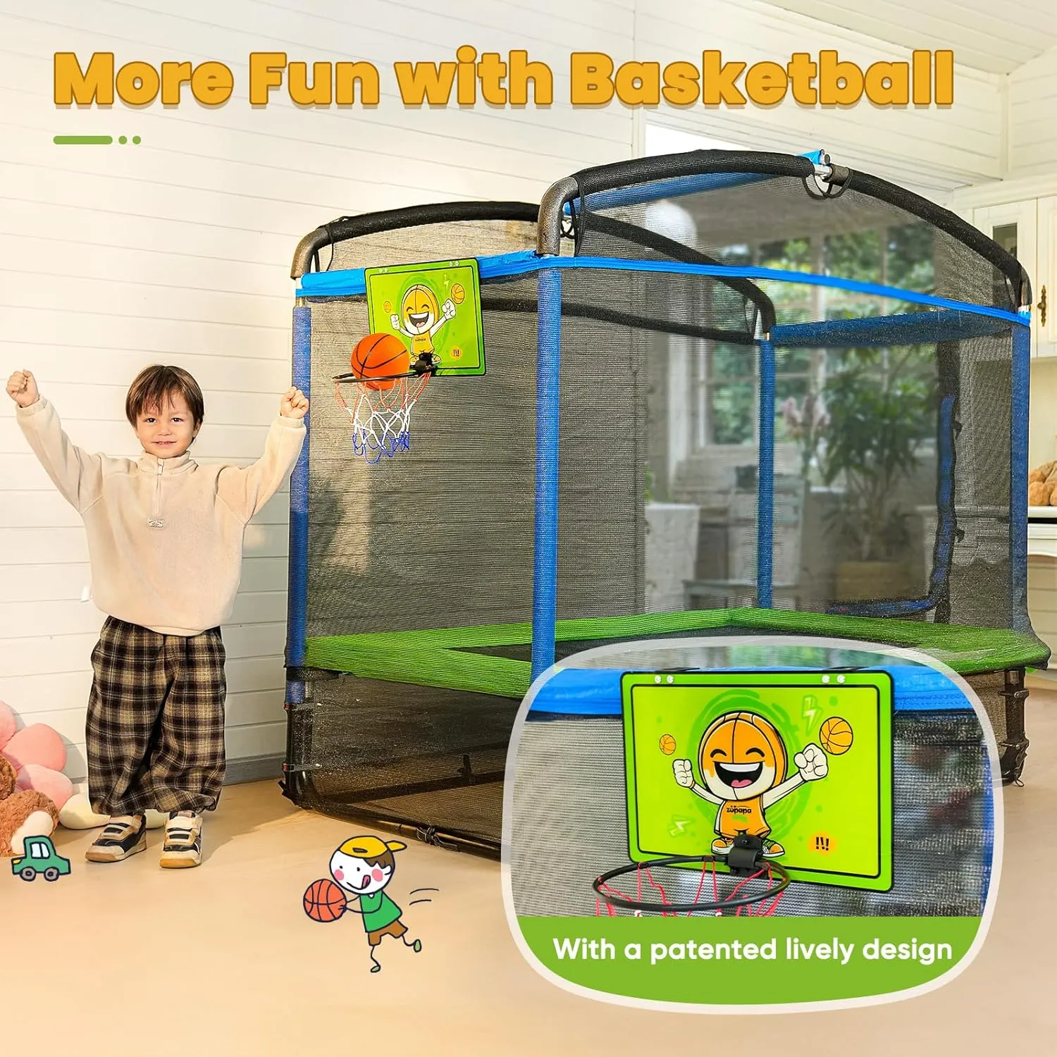 Zupapa 5 in 1 Rectangle Kids Trampoline 6FT with Hammock Chair, Basketball Hoop, and Safety Net - Indoor/Outdoor Heavy-Duty Square Trampoline for Toddlers Ages 3-6, 220LBS Capacity